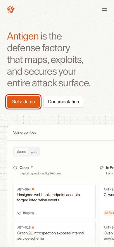 Antigen home page on a phone
