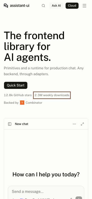 assistant-ui home page on a phone