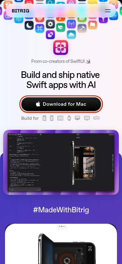 Bitrig home page on a phone