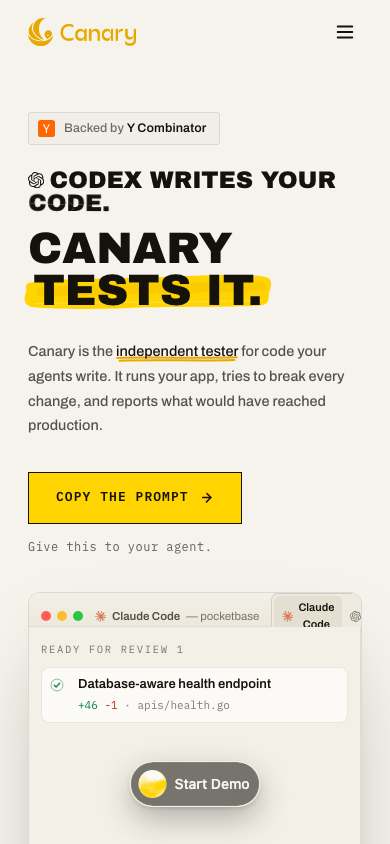 Canary home page on a phone