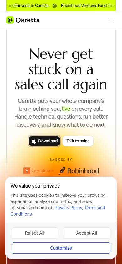 Caretta home page on a phone