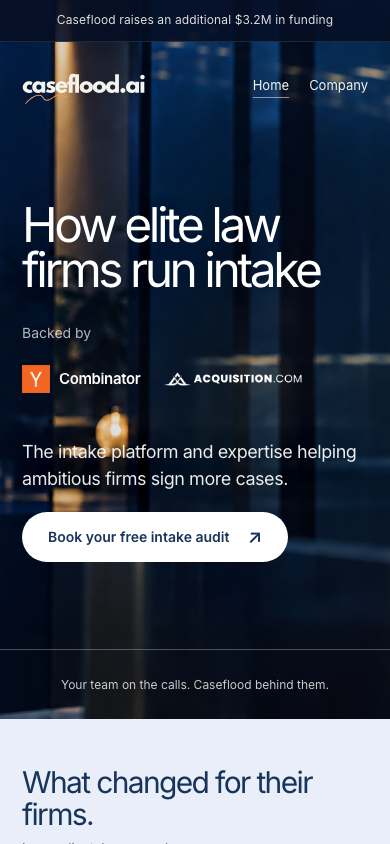 Caseflood.ai home page on a phone