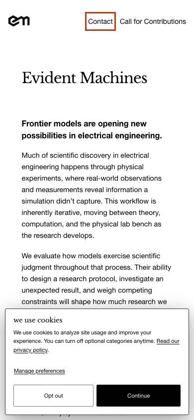 Evident Machines home page on a phone