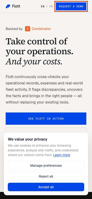 Flott HQ home page on a phone