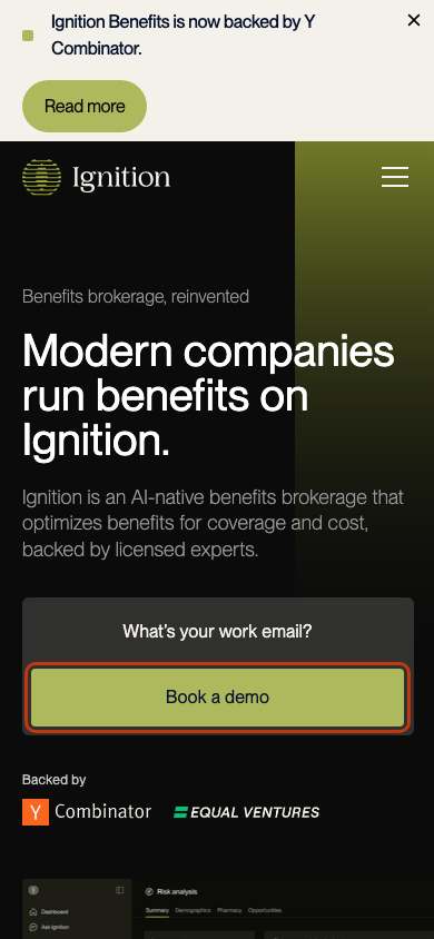 Ignition Benefits home page on a phone