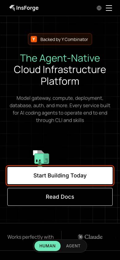 InsForge (InstaCloud) home page on a phone