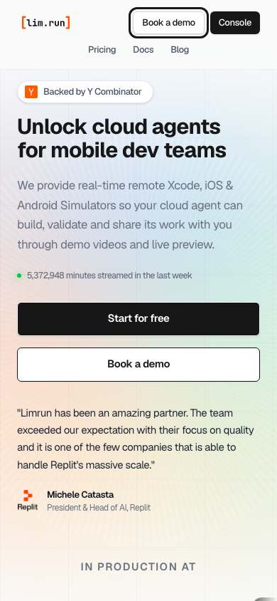 Limrun home page on a phone