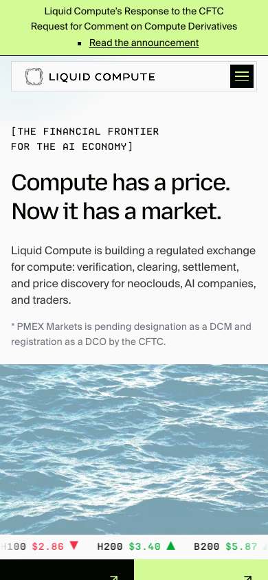Liquid Compute home page on a phone