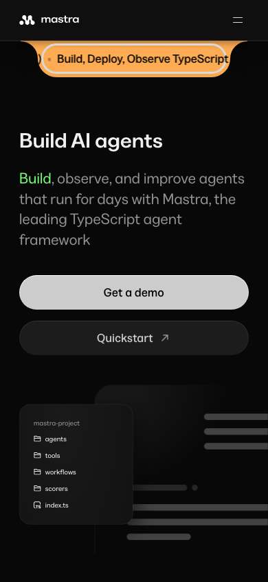 Mastra home page on a phone