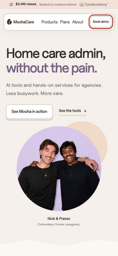 MochaCare home page on a phone