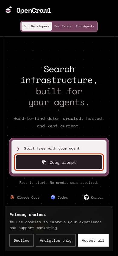 OpenCrawl home page on a phone