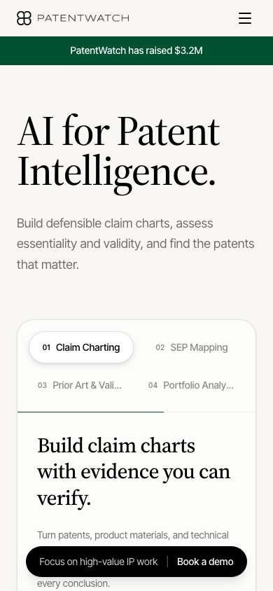 Patent Watch home page on a phone