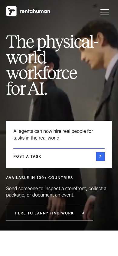 RentAHuman home page on a phone