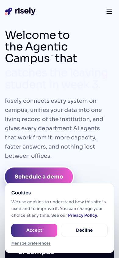 Risely AI home page on a phone