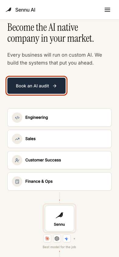 Sennu AI home page on a phone