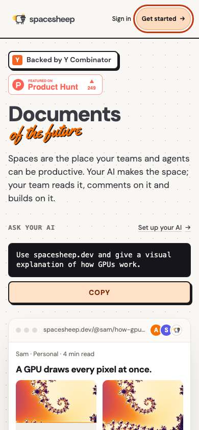Spacesheep home page on a phone