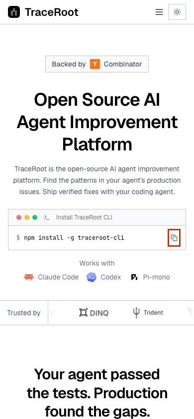 TraceRoot.AI home page on a phone