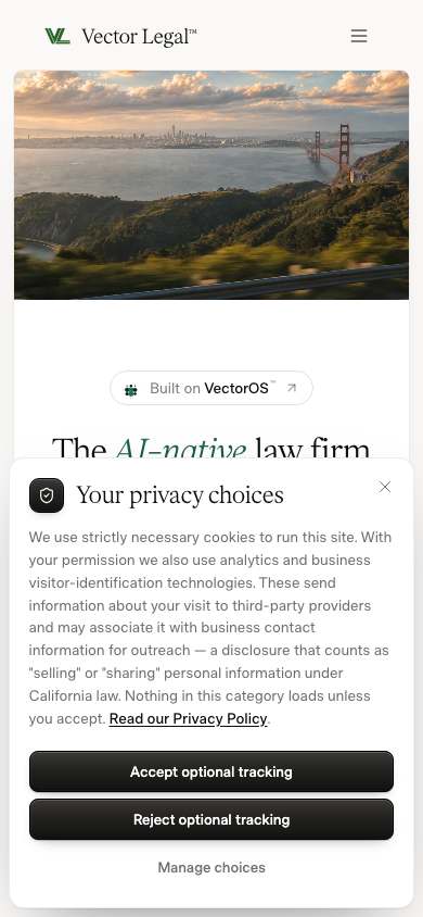 Vector Legal home page on a phone