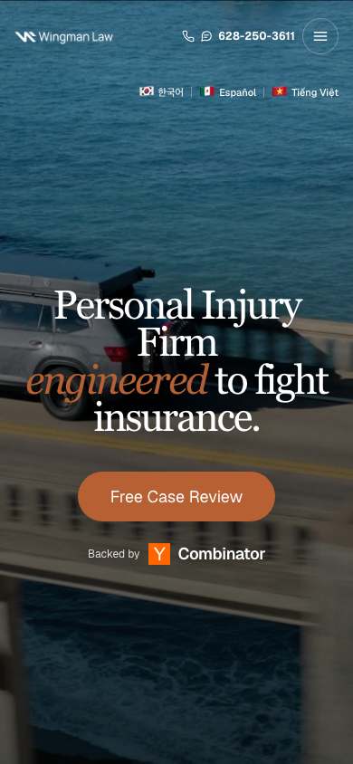 Wingman Law home page on a phone